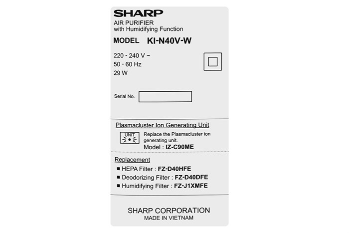 Máy lọc không khí và tạo ẩm Sharp KI-N40V-W 29W